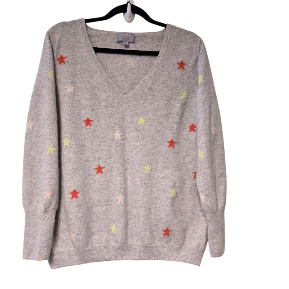 PURE Collection Stars 100% Cashmere V Neck Pullover Sweater Size 14-16 Cabincore